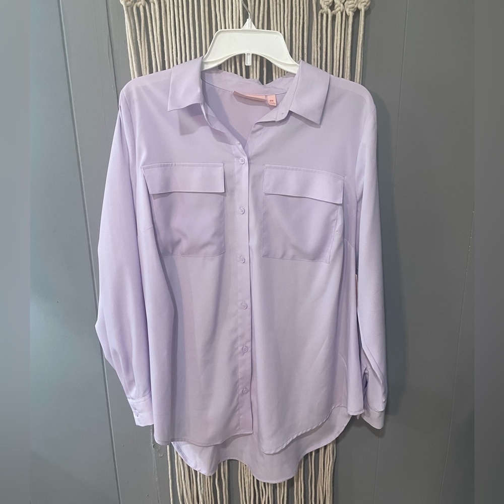 Evri, lavender, long sleeve button down soft  top, size ox